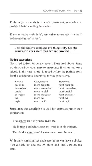 C O L O U R I N G Y O U R W R I T I N G / 69




If the adjective ends in a single consonant, remember to
double it before adding the ending.


If the adjective ends in ‘y’, remember to change it to an ‘i’
before adding ‘er’ or ‘est’.


    The comparative compares two things only. Use the
    superlative when more than two are involved.


Noting exceptions
Not all adjectives follow the pattern illustrated above. Some
words would be too clumsy to pronounce if ‘er’ or ‘est’ were
added. In this case ‘more’ is added before the positive form
for the comparative and ‘most’ for the superlative.

    Positive          Comparative               Superlative
    beautiful         more beautiful            most beautiful
    benevolent        more benevolent           most benevolent
    careful           more careful              most careful
    energetic         more energetic            most energetic
    evil              more evil                 most evil
    rapid             more rapid                most rapid


Sometimes the superlative is used for emphasis rather than
comparison.


  It was most kind of you to invite me.

  He is most particular about the creases in his trousers.

  The child is most careful when she crosses the road.


With some comparatives and superlatives you have a choice.
You can add ‘er’ and ‘est’ or ‘more’ and ‘most’. Do not use
both!
 