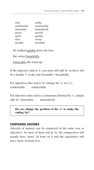 C O L O U R I N G Y O U R W R I T I N G / 77




    cold              coldly
    comfortable       comfortably
    immediate         immediately
    pretty            prettily
    quick             quickly
    slow              slowly
    stealthy          stealthily


  He walked quickly down the lane.

  She writes beautifully.

  Unsteadily she stood up.


If the adjective ends in ‘l’, you must still add ‘ly’ so there will
be a double ‘l’ at the end: beautiful – beautifully.


For adjectives that end in ‘le’ change the ‘e’ to a ‘y’:
comfortable        comfortably


For adjectives that end in a consonant followed by ‘e’, simply
add ‘ly’: immediate         immediately


    Do not change the position of the ‘e’ to make the
    ending ‘ley’!



COMPARING ADVERBS
Adverbs of manner can be compared in the same way as
adjectives. As most of them end in ‘ly’ the comparative will
usually have ‘more’ in front of it and the superlative will
have ‘most’ in front of it.
 