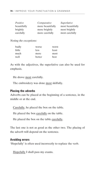 78 / I M P R O V E Y O U R P U N C T U A T I O N & G R A M M A R




     Positive                Comparative             Superlative
     beautifully             more beautifully        most beautifully
     brightly                more brightly           most brightly
     carefully               more carefully          most carefully


Noting the exceptions:

     badly                 worse            worst
     little                less             least
     much                  more             most
     well                  better           best


As with the adjectives, the superlative can also be used for
emphasis.


   He drove most carefully.

   The embroidery was done most skilfully.

Placing the adverbs
Adverbs can be placed at the beginning of a sentence, in the
middle or at the end.


   Carefully, he placed the box on the table.

   He placed the box carefully on the table.

   He placed the box on the table carefully.


The last one is not as good as the other two. The placing of
the adverb will depend on the sentence.

Avoiding errors
‘Hopefully’ is often used incorrectly to replace the verb.


   Hopefully I shall pass my exams.
 