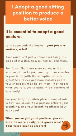 1.Adopt a good sitting
position to produce a
better voice
It is essential to adopt a good
posture!
Let's begin with the ba...
