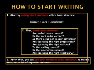 1. Start by making short sentences with a basic structure:

                   Subject + verb + complement


             2. Then, check your sentences:
                    •Are verbal tenses correct?
                    •Is the word order correct?
                    •Is there a subject in your sentences?
                    •Are you using the right prepositions?
                    •Are you using the right articles?
                    •Is the spelling correct?
                    •Is the punctuation correct?
                    •Are you using the right vocabulary?

3. After that, you can join your sentences using connectors to make a
text, not a list of separate sentences.
 