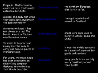People in Mediterranean
                               On the other hand,   the northern European
countries have traditionally
                                                    diet is rich in fat.
eaten low-fat diets.

Michael and Judy met when
                               Soon afterwards      they got married and
they were both students in
                                                    moved to Scotland.
the same university

Money as we know it has
not always existed. The
                               In the same way,     shells were once used as
North American Indians
                                                    money in Africa, India and
used beans as money.
                                                    China.
In order to be practical,
money must be easy to
                               In addition,         it must be widely accepted
carry and come in pieces of
                                                    as a means of payment for
standard value.
                                                    goods and services.
For years, the mass media
                               As a result          many people in our society
has been conducting an
                                                    worry constantly about
advertising campaign
                                                    their health.
designed to convince us
that thin is beautiful.
 