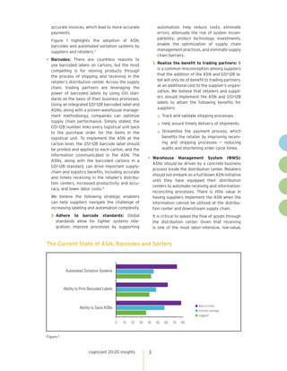 accurate invoices, which lead to more accurate
payments.

automation; help reduce costs; eliminate
errors; attenuate the risk of system incompatibility; protect technology investments;
enable the optimization of supply chain
management practices, and eliminate supply
chain barriers.

Figure 1 highlights the adoption of ASN,
barcodes and automated sortation systems by
suppliers and retailers.3

•	 Barcodes:

There are countless reasons to
use barcoded labels on cartons, but the most
compelling is for moving products through
the process of shipping and receiving in the
retailer’s distribution center. Across the supply
chain, trading partners are leveraging the
power of barcoded labels by using GS1 standards as the basis of their business processes.
Using an integrated GS1-128 barcoded label and
ASNs, along with a proven warehouse management methodology, companies can optimize
supply chain performance. Simply stated, the
GS1-128 number links every logistical unit back
to the purchase order for the items in the
logistical unit. To implement the ASN at the
carton level, the GS1-128 barcode label should
be printed and applied to each carton, and the
information communicated in the ASN. The
ASNs, along with the barcoded cartons in a
GS1-128 standard, can drive important supplychain and logistics benefits, including accurate
and timely receiving in the retailer’s distribution centers, increased productivity and accuracy, and lower labor costs.4

>> Realize the benefit to trading partners: It

is a common misconception among suppliers
that the addition of the ASN and GS1-128 label will only be of benefit to trading partners,
at an additional cost to the supplier’s organization. We believe that retailers and suppliers should implement the ASN and GS1-128
labels to attain the following benefits for
suppliers:

»» Track and validate shipping processes.
»» Help assure timely delivery of shipments.
»» Streamline the payment process, which

benefits the retailer by improving receiving and shipping processes — reducing
audits and shortening order cycle times.

•	 Warehouse

Management System (WMS):
ASNs should be driven by a concrete business
process inside the distribution center. Retailers
should not embark on a full-blown ASN initiative
until they have equipped their distribution
centers to automate receiving and informationreconciling processes. There is little value in
having suppliers implement the ASN when the
information cannot be utilized at the distribution center and downstream supply chain.

We believe the following strategic enablers
can help suppliers navigate the challenge of
increasing labeling and automation complexity.

>> Adhere

to barcode standards: Global
standards allow for tighter systems integration; improve processes by supporting

It is critical to speed the flow of goods through
the distribution center. Given that receiving
is one of the most labor-intensive, low-value,

The Current State of ASN, Barcodes and Sorters

Automated Sortation Systems

Ability to Print Barcoded Labels

■ Best-in-class

Ability to Send ASNs

■ Industry average
■ Laggard

0

10

20

30

40

Figure 1

cognizant 20-20 insights

3

50

60

70

80

 