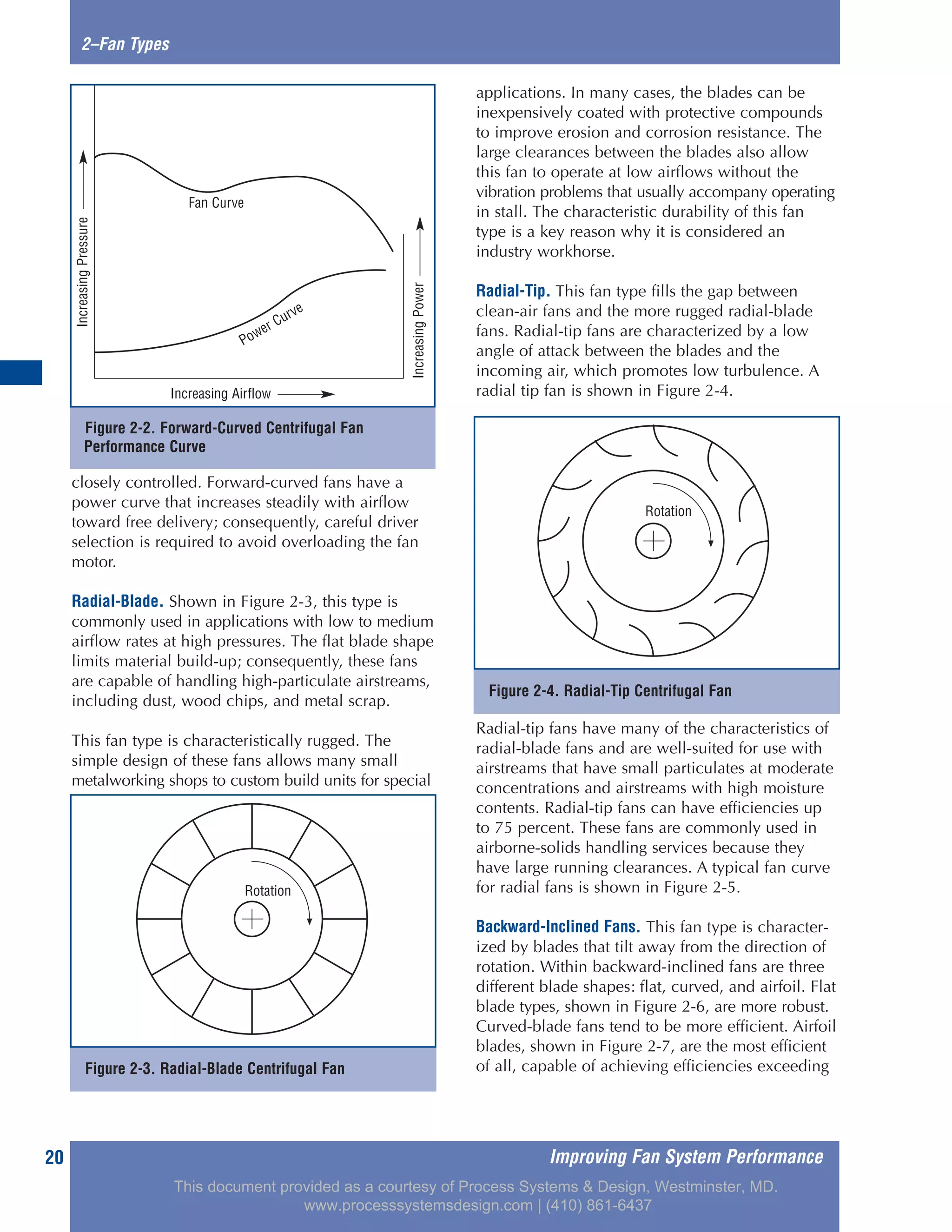 Improving Fan System Performance20
2–Fan Types
closely controlled. Forward-curved fans have a
power curve that increases steadily with airflow
toward free delivery; consequently, careful driver
selection is required to avoid overloading the fan
motor.
Radial-Blade. Shown in Figure 2-3, this type is
commonly used in applications with low to medium
airflow rates at high pressures. The flat blade shape
limits material build-up; consequently, these fans
are capable of handling high-particulate airstreams,
including dust, wood chips, and metal scrap.
This fan type is characteristically rugged. The
simple design of these fans allows many small
metalworking shops to custom build units for special
applications. In many cases, the blades can be
inexpensively coated with protective compounds
to improve erosion and corrosion resistance. The
large clearances between the blades also allow
this fan to operate at low airflows without the
vibration problems that usually accompany operating
in stall. The characteristic durability of this fan
type is a key reason why it is considered an
industry workhorse.
Radial-Tip. This fan type fills the gap between
clean-air fans and the more rugged radial-blade
fans. Radial-tip fans are characterized by a low
angle of attack between the blades and the
incoming air, which promotes low turbulence. A
radial tip fan is shown in Figure 2-4.
Radial-tip fans have many of the characteristics of
radial-blade fans and are well-suited for use with
airstreams that have small particulates at moderate
concentrations and airstreams with high moisture
contents. Radial-tip fans can have efficiencies up
to 75 percent. These fans are commonly used in
airborne-solids handling services because they
have large running clearances. A typical fan curve
for radial fans is shown in Figure 2-5.
Backward-Inclined Fans. This fan type is character-
ized by blades that tilt away from the direction of
rotation. Within backward-inclined fans are three
different blade shapes: flat, curved, and airfoil. Flat
blade types, shown in Figure 2-6, are more robust.
Curved-blade fans tend to be more efficient. Airfoil
blades, shown in Figure 2-7, are the most efficient
of all, capable of achieving efficiencies exceeding
Figure 2-2. Forward-Curved Centrifugal Fan
Performance Curve
Fan Curve
Increasing Airflow
IncreasingPower
IncreasingPressure
Power Curve
Figure 2-3. Radial-Blade Centrifugal Fan
Rotation
Figure 2-4. Radial-Tip Centrifugal Fan
Rotation
This document provided as a courtesy of Process Systems & Design, Westminster, MD.
www.processsystemsdesign.com | (410) 861-6437
 
