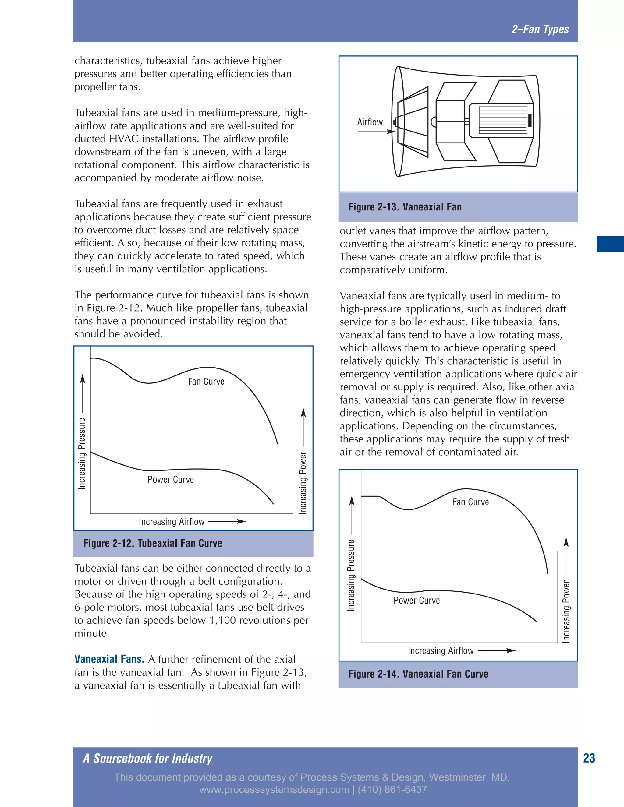 A Sourcebook for Industry 23
2–Fan Types
characteristics, tubeaxial fans achieve higher
pressures and better operating efficiencies than
propeller fans.
Tubeaxial fans are used in medium-pressure, high-
airflow rate applications and are well-suited for
ducted HVAC installations. The airflow profile
downstream of the fan is uneven, with a large
rotational component. This airflow characteristic is
accompanied by moderate airflow noise.
Tubeaxial fans are frequently used in exhaust
applications because they create sufficient pressure
to overcome duct losses and are relatively space
efficient. Also, because of their low rotating mass,
they can quickly accelerate to rated speed, which
is useful in many ventilation applications.
The performance curve for tubeaxial fans is shown
in Figure 2-12. Much like propeller fans, tubeaxial
fans have a pronounced instability region that
should be avoided.
Tubeaxial fans can be either connected directly to a
motor or driven through a belt configuration.
Because of the high operating speeds of 2-, 4-, and
6-pole motors, most tubeaxial fans use belt drives
to achieve fan speeds below 1,100 revolutions per
minute.
Vaneaxial Fans. A further refinement of the axial
fan is the vaneaxial fan. As shown in Figure 2-13,
a vaneaxial fan is essentially a tubeaxial fan with
outlet vanes that improve the airflow pattern,
converting the airstream’s kinetic energy to pressure.
These vanes create an airflow profile that is
comparatively uniform.
Vaneaxial fans are typically used in medium- to
high-pressure applications, such as induced draft
service for a boiler exhaust. Like tubeaxial fans,
vaneaxial fans tend to have a low rotating mass,
which allows them to achieve operating speed
relatively quickly. This characteristic is useful in
emergency ventilation applications where quick air
removal or supply is required. Also, like other axial
fans, vaneaxial fans can generate flow in reverse
direction, which is also helpful in ventilation
applications. Depending on the circumstances,
these applications may require the supply of fresh
air or the removal of contaminated air.
Figure 2-13. Vaneaxial Fan
Airflow
Figure 2-12. Tubeaxial Fan Curve
Fan Curve
Increasing Airflow
Power Curve
IncreasingPressure
IncreasingPower
Figure 2-14. Vaneaxial Fan Curve
Fan Curve
Increasing Airflow
Power Curve
IncreasingPressure
IncreasingPower
This document provided as a courtesy of Process Systems & Design, Westminster, MD.
www.processsystemsdesign.com | (410) 861-6437
 