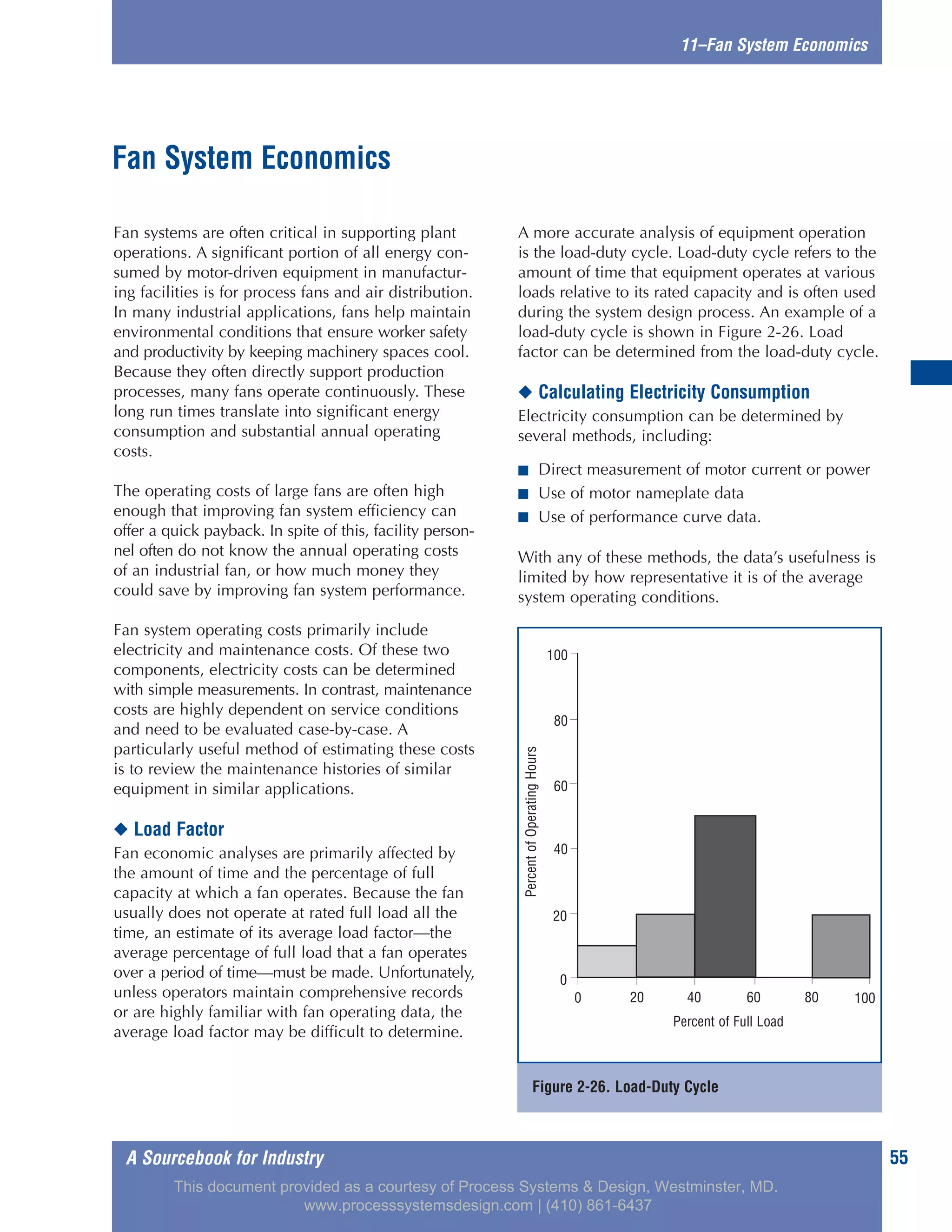 A Sourcebook for Industry 55
Fan systems are often critical in supporting plant
operations. A significant portion of all energy con-
sumed by motor-driven equipment in manufactur-
ing facilities is for process fans and air distribution.
In many industrial applications, fans help maintain
environmental conditions that ensure worker safety
and productivity by keeping machinery spaces cool.
Because they often directly support production
processes, many fans operate continuously. These
long run times translate into significant energy
consumption and substantial annual operating
costs.
The operating costs of large fans are often high
enough that improving fan system efficiency can
offer a quick payback. In spite of this, facility person-
nel often do not know the annual operating costs
of an industrial fan, or how much money they
could save by improving fan system performance.
Fan system operating costs primarily include
electricity and maintenance costs. Of these two
components, electricity costs can be determined
with simple measurements. In contrast, maintenance
costs are highly dependent on service conditions
and need to be evaluated case-by-case. A
particularly useful method of estimating these costs
is to review the maintenance histories of similar
equipment in similar applications.
◆ Load Factor
Fan economic analyses are primarily affected by
the amount of time and the percentage of full
capacity at which a fan operates. Because the fan
usually does not operate at rated full load all the
time, an estimate of its average load factor—the
average percentage of full load that a fan operates
over a period of time—must be made. Unfortunately,
unless operators maintain comprehensive records
or are highly familiar with fan operating data, the
average load factor may be difficult to determine.
A more accurate analysis of equipment operation
is the load-duty cycle. Load-duty cycle refers to the
amount of time that equipment operates at various
loads relative to its rated capacity and is often used
during the system design process. An example of a
load-duty cycle is shown in Figure 2-26. Load
factor can be determined from the load-duty cycle.
◆ Calculating Electricity Consumption
Electricity consumption can be determined by
several methods, including:
■ Direct measurement of motor current or power
■ Use of motor nameplate data
■ Use of performance curve data.
With any of these methods, the data’s usefulness is
limited by how representative it is of the average
system operating conditions.
11–Fan System Economics
Fan System Economics
Figure 2-26. Load-Duty Cycle
100
80
60
40
20
0
0 20 40
Percent of Full Load
PercentofOperatingHours
60 80 100
This document provided as a courtesy of Process Systems & Design, Westminster, MD.
www.processsystemsdesign.com | (410) 861-6437
 