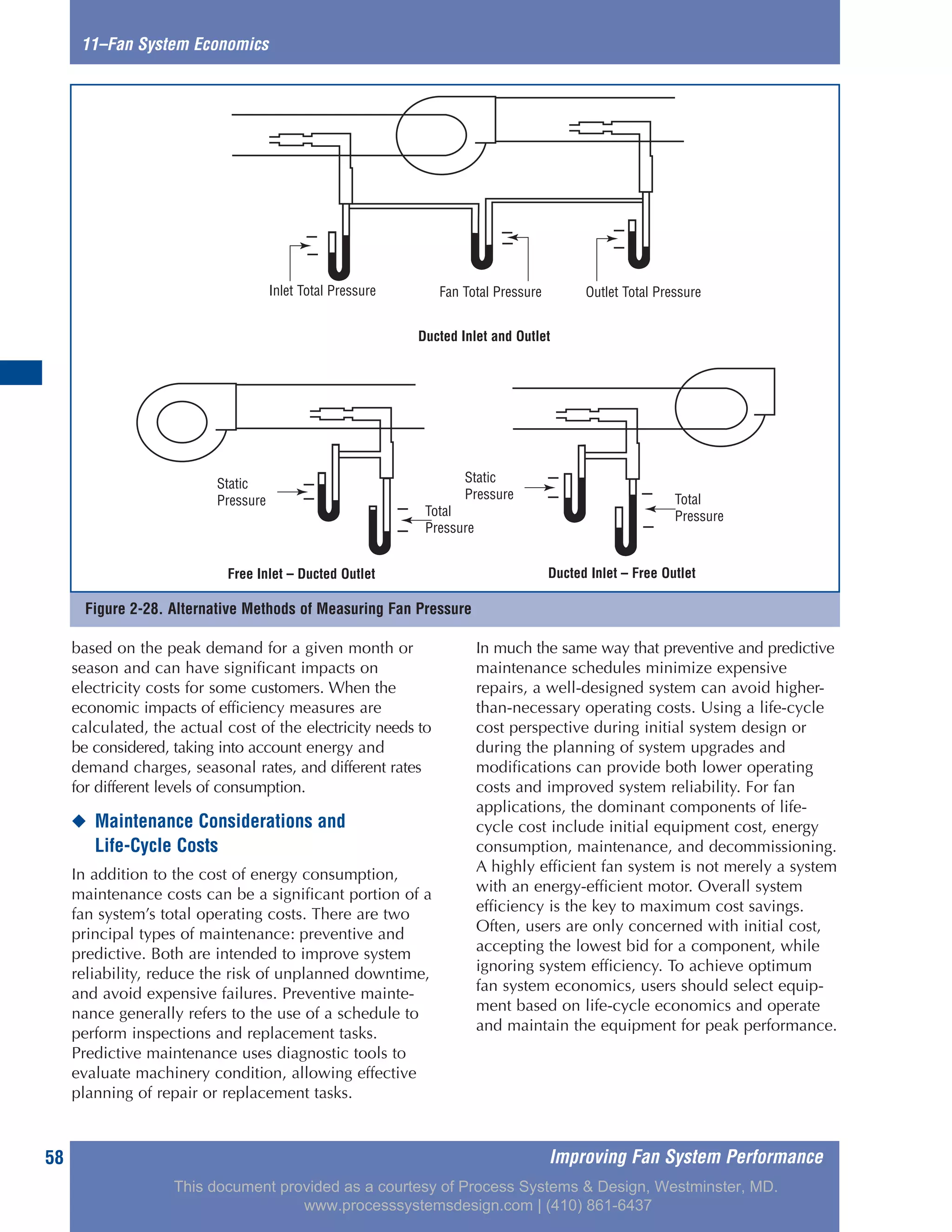 Improving Fan System Performance58
based on the peak demand for a given month or
season and can have significant impacts on
electricity costs for some customers. When the
economic impacts of efficiency measures are
calculated, the actual cost of the electricity needs to
be considered, taking into account energy and
demand charges, seasonal rates, and different rates
for different levels of consumption.
◆ Maintenance Considerations and
Life-Cycle Costs
In addition to the cost of energy consumption,
maintenance costs can be a significant portion of a
fan system’s total operating costs. There are two
principal types of maintenance: preventive and
predictive. Both are intended to improve system
reliability, reduce the risk of unplanned downtime,
and avoid expensive failures. Preventive mainte-
nance generally refers to the use of a schedule to
perform inspections and replacement tasks.
Predictive maintenance uses diagnostic tools to
evaluate machinery condition, allowing effective
planning of repair or replacement tasks.
In much the same way that preventive and predictive
maintenance schedules minimize expensive
repairs, a well-designed system can avoid higher-
than-necessary operating costs. Using a life-cycle
cost perspective during initial system design or
during the planning of system upgrades and
modifications can provide both lower operating
costs and improved system reliability. For fan
applications, the dominant components of life-
cycle cost include initial equipment cost, energy
consumption, maintenance, and decommissioning.
A highly efficient fan system is not merely a system
with an energy-efficient motor. Overall system
efficiency is the key to maximum cost savings.
Often, users are only concerned with initial cost,
accepting the lowest bid for a component, while
ignoring system efficiency. To achieve optimum
fan system economics, users should select equip-
ment based on life-cycle economics and operate
and maintain the equipment for peak performance.
11–Fan System Economics
Figure 2-28. Alternative Methods of Measuring Fan Pressure
Inlet Total Pressure
Ducted Inlet and Outlet
Free Inlet – Ducted Outlet Ducted Inlet – Free Outlet
Fan Total Pressure Outlet Total Pressure
Static
Pressure
Total
Pressure
Total
Pressure
Static
Pressure
This document provided as a courtesy of Process Systems & Design, Westminster, MD.
www.processsystemsdesign.com | (410) 861-6437
 