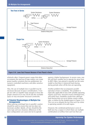 Improving Fan System Performance52
10–Multiple-Fan Arrangements
relatively often. Frequent power surges that often
accompany the start-up of large motors can create
power quality variations that are problematic for
numeric controlled machinery and other sensitive
equipment.
Also, the use of multiple fans in parallel may be
necessary because of space considerations. A sin-
gle fan with an impeller large enough to move the
proper amount of air may not fit into the available
space or may encounter structural constraints.
◆ Potential Disadvantages of Multiple-Fan
Arrangements
When placing centrifugal fans in parallel, caution
should be used to ensure that one fan does not
dominate another. Ideally, all fans should be the
same type and size; however, differences in the
duct configuration can cause one fan to operate
against a higher backpressure. In severe cases, one
fan will force another fan to operate far away from
its BEP. Often, fans placed in parallel are the same
model so that there is balanced load sharing
during periods when all the fans are operating.
Another problem that accompanies parallel
operation of fans is instability. This problem is
especially applicable to fans with unstable operating
regions (axial fans, forward-curved centrifugal fans,
and airfoil fans). Instability results from alternate
load sharing that can occur below certain airflow
rates, as shown by the shaded region in Figure 2-25.
This can occur despite the fact that each fan alone
is operating outside of its stall region.
However, the combined performance curve of
both fans has a region in which there are multiple
combinations of airflow from each fan that can
Figure 2-24. Lower Duct Pressure Because of Fans Placed in Series
Average Pressure
System Resistance
System Resistance
Airflow
Airflow
Peak Pressure
Average Pressure
Peak Pressure
Distance Along Duct
Distance Along Duct
System Resistance
PressurePressure
Two Fans in Series
Single Fan
This document provided as a courtesy of Process Systems & Design, Westminster, MD.
www.processsystemsdesign.com | (410) 861-6437
 