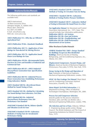 The following publications and standards are
available from:
AMCA International
30 West University Drive
Arlington Heights, IL, 60004-1893
Phone (847) 394-0150
Fax (847) 253-0088
E-mail: amca@amca.org
Web site: www.amca.org
AMCA Publication 9.5—Why Buy an ‘Efficient’
Agricultural Fan?
AMCA Publication 99-86—Standards Handbook
AMCA Publication 302-73—Application of Sone
Ratings for Non-ducted Air Moving Devices
AMCA Publication 303-79—Application Sound
Power Level Ratings for Fans
AMCA Publication 410-96—Recommended Safety
Practices for Users and Installers of Industrial and
Commercial Fans
AMCA Publication 801-01—AMCA Industrial
Process/Power Generation Fans: Specifications
Guidelines
AMCA Publication 802-92—Industrial Process
Power Generation Fans: Establishing Performance
Using Laboratory Models
AMCA Standard 300-96—Reverberant Room
Method for Sound Testing of Fans
AMCA Standard 301-90—Method for Calculating
Fan Sound Ratings from Laboratory Test Data
AMCA Standard 803-96—Industrial
Process/Power Performance Fans: Site
Performance Test Standard
ANSI/AMCA Standard 204-96, Balance Quality
and Vibration Levels for Fans
ANSI/AMCA Standard 210-99—Laboratory
Methods of Testing Fans for Aerodynamic
Performance Rating
ANSI/AMCA Standard 230-99—Laboratory
Methods of Testing Air Circulator Fans for Rating
ANSI/AMCA Standard 240-96—Laboratory
Methods of Testing Positive Pressure Ventilators
ANSI/AMCA Standard 330-97—Laboratory Method
of Testing to Determine the Sound Power in a Duct
Fan Application Manual, Air Movement and Control
Association International, Inc., 1975. Note: This
manual includes four informative publications:
Publication 200-95—Air Systems,
Publication 201-90—Fans and Systems,
Publication 202-98—Troubleshooting, and
Publication 203-90—Field Performance
Measurement of Fan Systems
Other Brochures/Guides/Manuals
ASHRAE Standard 90.1-2001—Energy Standard
for Buildings Except Low-Rise Residential
Buildings, American Society of Heating,
Refrigerating, and Air-Conditioning Engineers, Inc.,
Atlanta, GA, 2001.
Displacement Compressors, Vacuum Pumps, and
Blowers, American Society of Mechanical Engineers,
[Performance Test codes; 9-1970], New York, 1970.
Energy Saving in the Design and Operation of
Fans, Institution of Mechanical Engineers,
Mechanical Engineering Publications, London, 1995.
HVAC Air Duct Leakage Test Manual, Sheet Metal
and Air Conditioning Contractors National
Association, Chantilly, VA, 1985.
Motor Repair Tech Brief Information, U.S.
Department of Energy, Office of Industrial
Technologies Clearinghouse, Washington, DC, 2000.
Process Fan and Compressor Selection,
(ImechE guides for the process industries)
Davidson, John and Otto von Bertele (eds.).,
Mechanical Engineering Publications, London, 1996.
The Selection and Use of Fans, Osborne, William
C. [Engineering design guides series], Design
Council, The British Institution and The Council of
Engineering Institutions by Oxford University
Press, 1979.
Improving Fan System Performance68
Programs, Contacts, and Resources
Brochures/Guides/Manuals
This document provided as a courtesy of Process Systems & Design, Westminster, MD.
www.processsystemsdesign.com | (410) 861-6437
 