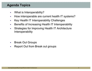 Agenda Topics

              What is Interoperability?
              How interoperable are current health IT systems?
              Key Health IT Interoperability Challenges
              Benefits of Increasing Health IT Interoperability
              Strategies for Improving Health IT Architecture
              Interoperability


              Break Out Groups
              Report Out from Break out groups




Improving Interoperability through Effective Health IT Architectures   2
 