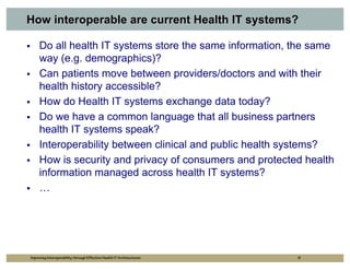 How interoperable are current Health IT systems?

     Do all health IT systems store the same information, the same
     way (e.g. demographics)?
     Can patients move between providers/doctors and with their
     health history accessible?
     How do Health IT systems exchange data today?
     Do we have a common language that all business partners
     health IT systems speak?
     Interoperability between clinical and public health systems?
     How is security and privacy of consumers and protected health
     information managed across health IT systems?
     …




Improving Interoperability through Effective Health IT Architectures   6
 