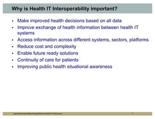 Why is Health IT Interoperability important?

     Make improved health decisions based on all data
     Improve exchange of health information between health IT
     systems
     Access information across different systems, sectors, platforms
     Reduce cost and complexity
     Enable future ready solutions
     Continuity of care for patients
     Improving public health situational awareness




Improving Interoperability through Effective Health IT Architectures   7
 