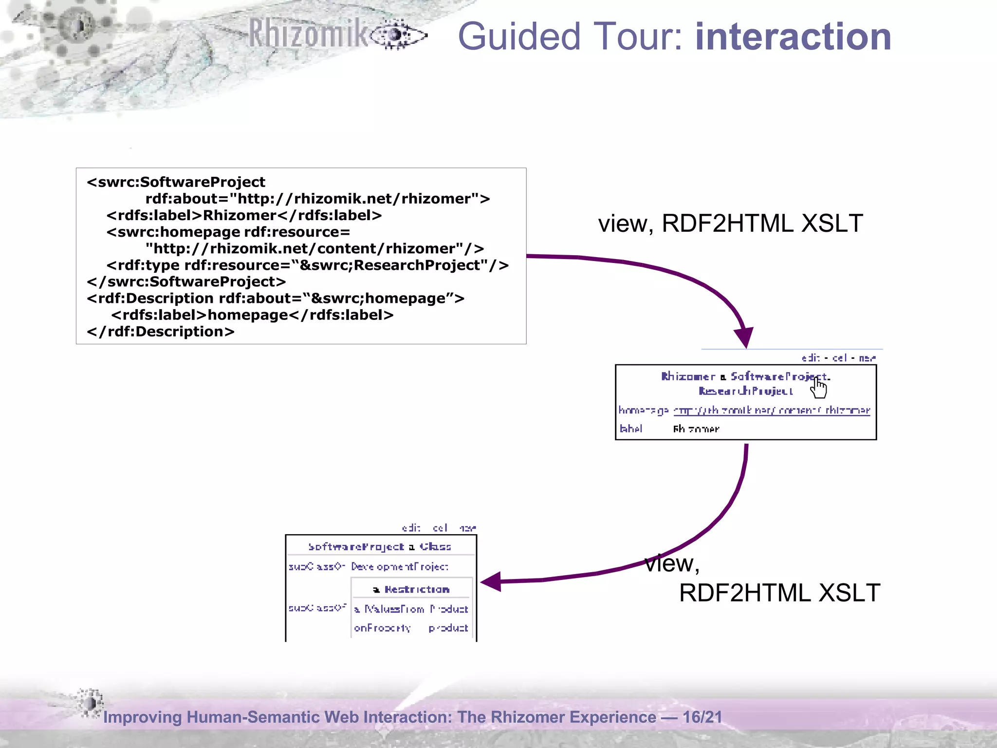 Guided Tour:  interaction view, RDF2HTML  XSLT view ,   RDF2HTML  XSLT <swrc:SoftwareProject rdf:about="http://rhizomik.net/rhizomer"> <rdfs:label>Rhizomer</rdfs:label> <swrc:homepage rdf:resource= "http://rhizomik.net/content/rhizomer"/> <rdf:type rdf:resource=“&swrc;ResearchProject"/> </swrc:SoftwareProject> <rdf:Description rdf:about=“&swrc;homepage”>   <rdfs:label>homepage</rdfs:label> </rdf:Description> 