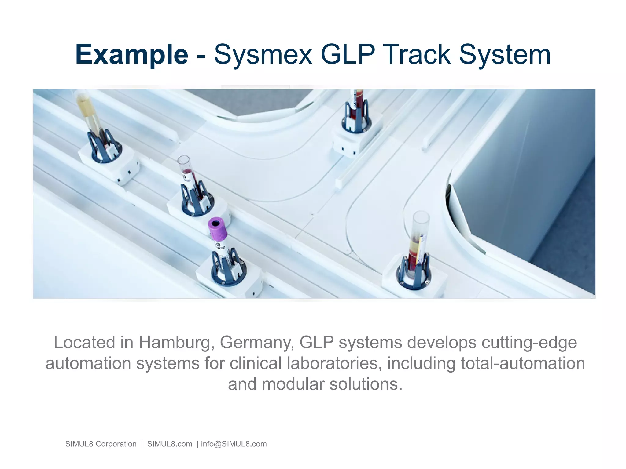 SIMUL8 Corporation | SIMUL8.com | info@SIMUL8.com
Example - Sysmex GLP Track System
Located in Hamburg, Germany, GLP systems develops cutting-edge
automation systems for clinical laboratories, including total-automation
and modular solutions.
 
