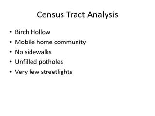 Census Tract Analysis,[object Object],Birch Hollow,[object Object],Mobile home community,[object Object],No sidewalks,[object Object],Unfilled potholes,[object Object],Very few streetlights,[object Object]