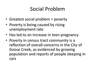 Social Problem,[object Object],Greatest social problem = poverty,[object Object],Poverty is being caused by rising unemployment rate,[object Object],Has led to an increase in teen pregnancy,[object Object],Poverty in census tract community is a reflection of overall concerns in the City of Goose Creek, as evidenced by growing population and reports of people sleeping in cars ,[object Object]