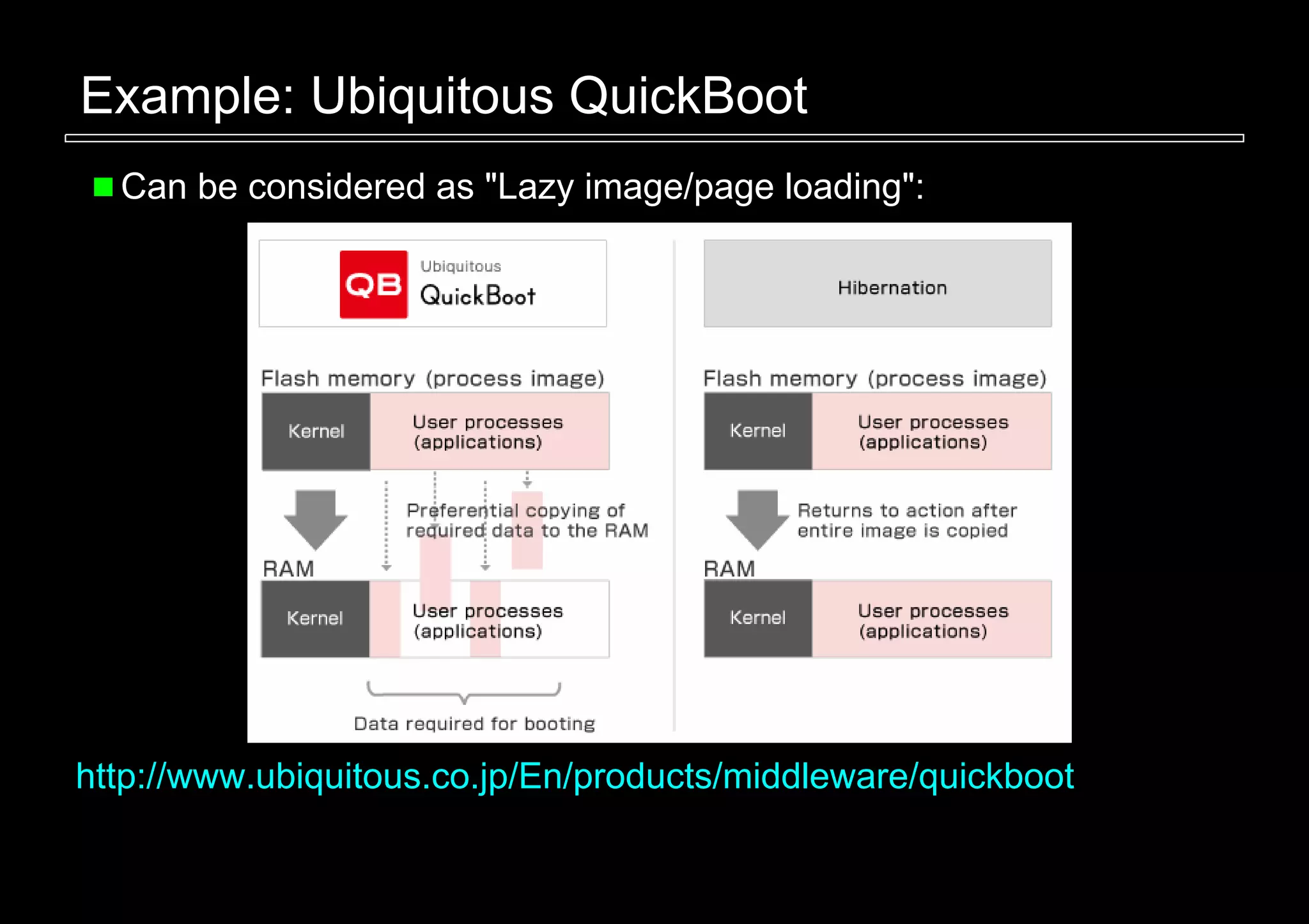 Example: Ubiquitous QuickBoot
  Can be considered as "Lazy image/page loading":




http://www.ubiquitous.co.jp/En/products/middleware/quickboot
 