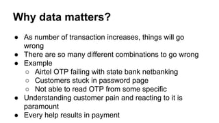 Why data matters?
● As number of transaction increases, things will go
wrong
● There are so many different combinations to go wrong
● Example
○ Airtel OTP failing with state bank netbanking
○ Customers stuck in password page
○ Not able to read OTP from some specific
● Understanding customer pain and reacting to it is
paramount
● Every help results in payment
 