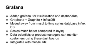 Grafana
● Added grafana for visualization and dashboards
● Graphana = Graphite + influxDB
● Moved away from mysql to time series database influx
DB
● Scales much better compared to mysql
● Data scientists or product managers can monitor
customers using these dashboards
● Integrates with mobile sdk
 