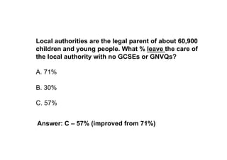 Local authorities are the legal parent of about 60,900
children and young people. What % leave the care of
the local authority with no GCSEs or GNVQs?

A. 71%

B. 30%

C. 57%


Answer: C – 57% (improved from 71%)
 