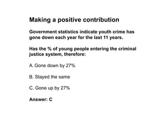 Making a positive contribution
Government statistics indicate youth crime has
gone down each year for the last 11 years.

Has the % of young people entering the criminal
justice system, therefore:

A. Gone down by 27%

B. Stayed the same

C. Gone up by 27%

Answer: C
 