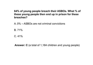 64% of young people breach their ASBOs. What % of
these young people then end up in prison for these
breaches?

A. 0% – ASBOs are not criminal convictions

B. 71%

C. 41%


Answer: C (a total of 1,184 children and young people)
 