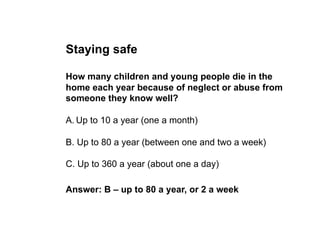 Staying safe

How many children and young people die in the
home each year because of neglect or abuse from
someone they know well?

A. Up to 10 a year (one a month)

B. Up to 80 a year (between one and two a week)

C. Up to 360 a year (about one a day)

Answer: B – up to 80 a year, or 2 a week
 