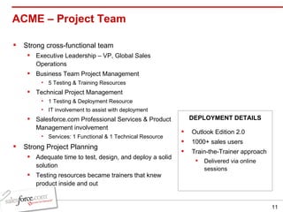 ACME – Project Team Strong cross-functional team Executive Leadership – VP, Global Sales Operations Business Team Project Management 5 Testing & Training Resources Technical Project Management 1 Testing & Deployment Resource IT involvement to assist with deployment Salesforce.com Professional Services & Product Management involvement Services: 1 Functional & 1 Technical Resource Strong Project Planning Adequate time to test, design, and deploy a solid solution Testing resources became trainers that knew product inside and out Outlook Edition 2.0 1000+ sales users Train-the-Trainer approach Delivered via online sessions DEPLOYMENT DETAILS 