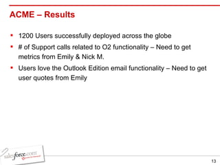 ACME – Results  1200 Users successfully deployed across the globe # of Support calls related to O2 functionality – Need to get metrics from Emily & Nick M. Users love the Outlook Edition email functionality – Need to get user quotes from Emily 