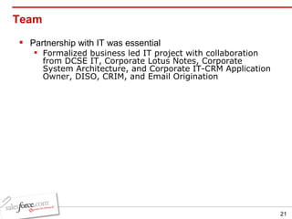 Team Partnership with IT was essential Formalized business led IT project with collaboration from DCSE IT, Corporate Lotus Notes, Corporate System Architecture, and Corporate IT-CRM Application Owner, DISO, CRIM, and Email Origination 