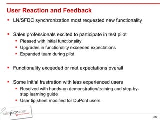 LN/SFDC synchronization most requested new functionality Sales professionals excited to participate in test pilot Pleased with initial functionality Upgrades in functionality exceeded expectations Expanded team during pilot  Functionality exceeded or met expectations overall Some initial frustration with less experienced users Resolved with hands-on demonstration/training and step-by-step learning guide User tip sheet modified for DuPont users User Reaction and Feedback 