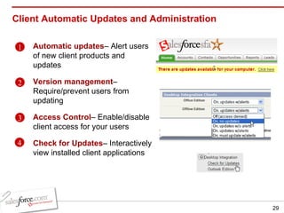 Client Automatic Updates and Administration Automatic updates – Alert users of new client products and updates Version management – Require/prevent users from updating Access Control – Enable/disable client access for your users Check for Updates – Interactively view installed client applications 1 2 3 4 