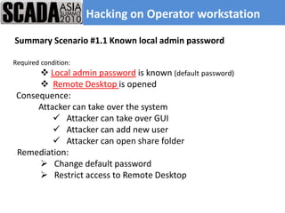Hacking on Operator workstation

Summary Scenario #1.1 Known local admin password

Required condition:
       Local admin password is known (default password)
       Remote Desktop is opened
 Consequence:
      Attacker can take over the system
           Attacker can take over GUI
           Attacker can add new user
           Attacker can open share folder
 Remediation:
       Change default password
       Restrict access to Remote Desktop
 