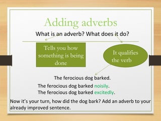 Adding adverbs
What is an adverb? What does it do?
Tells you how
something is being
done
It qualifies
the verb
The ferocious dog barked.
The ferocious dog barked noisily.
The ferocious dog barked excitedly.
Now it’s your turn, how did the dog bark? Add an adverb to your
already improved sentence.
 