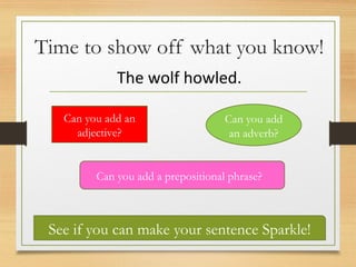 Time to show off what you know!
The wolf howled.
Can you add an
adjective?
Can you add
an adverb?
Can you add a prepositional phrase?
See if you can make your sentence Sparkle!
 