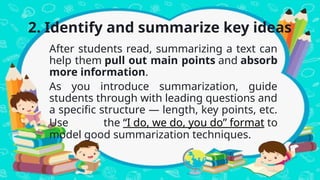 2. Identify and summarize key ideas
After students read, summarizing a text can
help them pull out main points and absorb
more information.
As you introduce summarization, guide
students through with leading questions and
a specific structure — length, key points, etc.
Use the “I do, we do, you do” format to
model good summarization techniques.
 