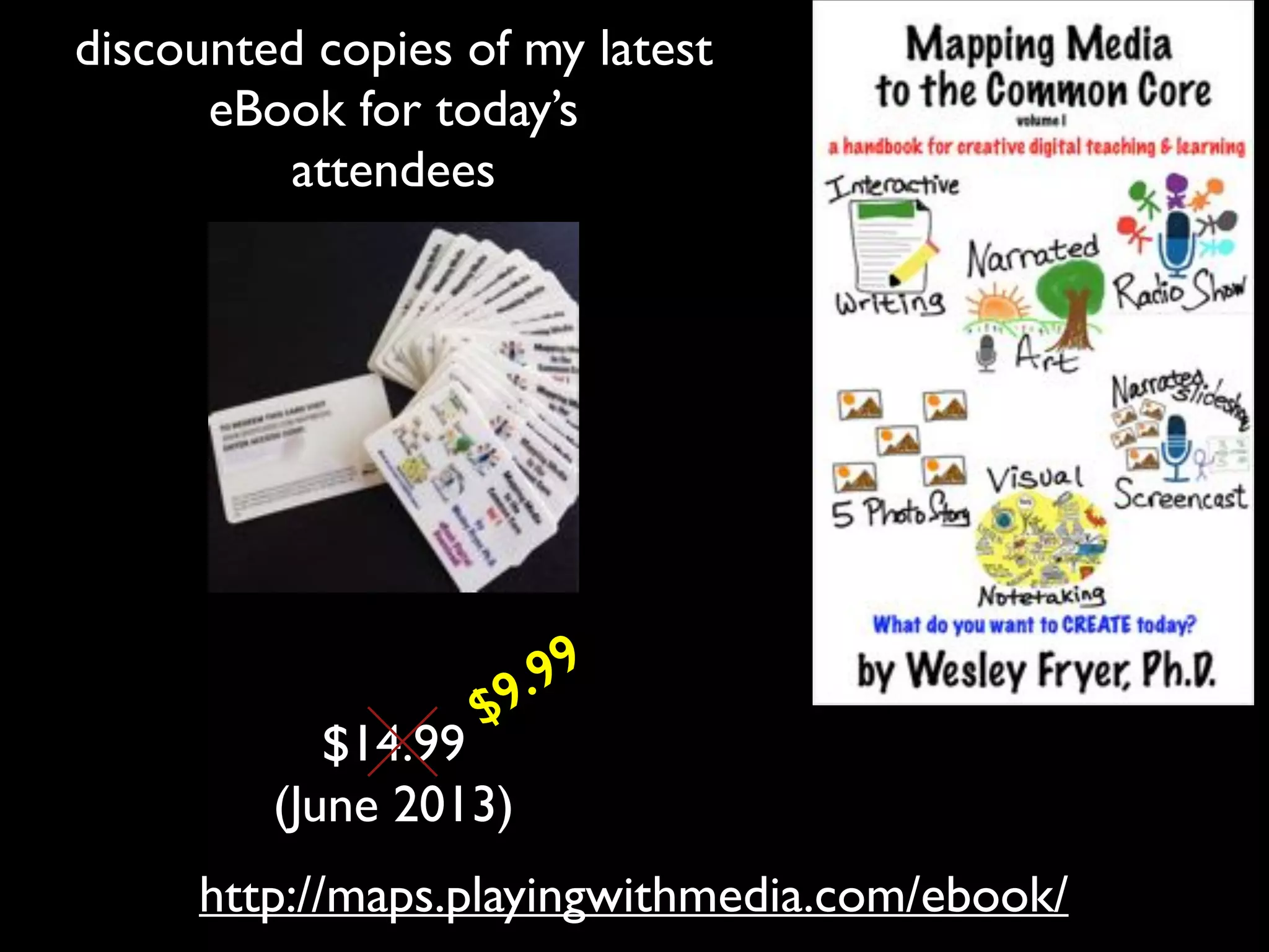 discounted copies of my latest!
eBook for today’s!
attendees

99
9.

$

$14.99!
(June 2013)

http://maps.playingwithmedia.com/ebook/

 