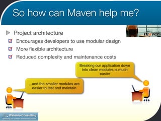 So how can Maven help me?
Project architecture
Encourages developers to use modular design
More ﬂexible architecture
Reduced complexity and maintenance costs
                                   Breaking our application down
                                    into clean modules is much
                                               easier

      ...and the smaller modules are
         easier to test and maintain
 
