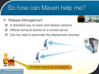 So how can Maven help me?
Release Management
A standard way to track and release versions
Ofﬁcial versions stored on a central server
Can be used to automate the deployment process




              The official versions are on that server
 