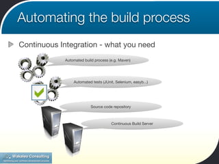 Automating the build process
Continuous Integration - what you need
            Automated build process (e.g. Maven)




                Automated tests (JUnit, Selenium, easyb...)




                          Source code repository



                                     Continuous Build Server
 