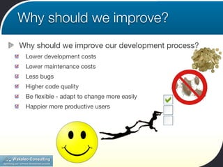 Why should we improve?
Why should we improve our development process?
 Lower development costs
 Lower maintenance costs
 Less bugs
 Higher code quality
 Be ﬂexible - adapt to change more easily
 Happier more productive users
 