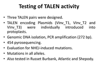 Testing of TALEN activity
• Three TALEN pairs were designed.
• TALEN encoding Plasmids (VInv_T1, VInv_T2 and
VInv_T3) were individually introduced into
protoplasts.
• Genomic DNA isolation, PCR amplification (272 bp).
• 454 pyrosequencing.
• Evaluation for NHEJ-induced mutations.
• Mutations in all alleles.
• Also tested in Russet Burbank, Atlantic and Shepody.
 