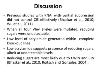Discussion
• Previous studies with RNAi with partial suppression
did not control CIS effectively (Bhaskar et al., 2010;
Wu et al., 2011).
• When all four VInv alleles were mutated, reducing
sugars were undetectable.
• Low level of acrylamide generated within complete
knockout lines.
• Low acrylamide suggests presence of reducing sugars,
albeit at undetectable levels.
• Reducing sugars are most likely due to CWIN and CIN
(Bhaskar et al., 2010; Roitsch and Gonzalez, 2004).
 