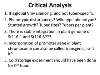 Critical Analysis
1. It’s global VInv silencing, and not tuber-specific.
2. Phenotypic disturbances? Wild type phenotype?
Stunted growth? Tuber sizes? Tubers per plant?
3. There is stable integration in plant genome of
St116-1 and St116-8???
4. Incorporation of promoter gene in plant
chromosome can also be called transgenic, isn’t
it?
5. Cold storage experiment should have been done
for 0th hour.
 