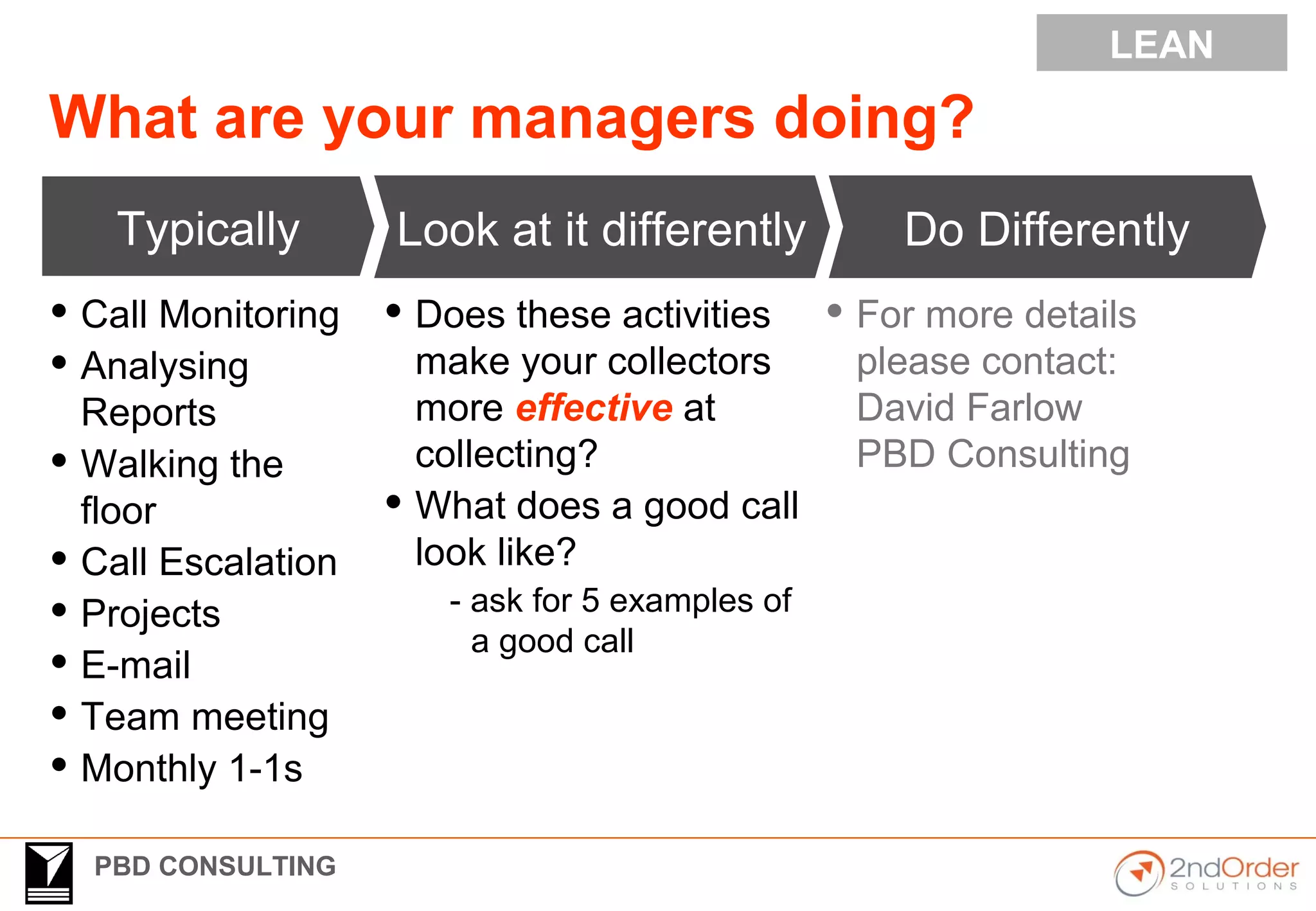 PBD CONSULTING
What are your managers doing?
Typically
 Call Monitoring
 Analysing
Reports
 Walking the
floor
 Call Escalation
 Projects
 E-mail
 Team meeting
 Monthly 1-1s
Do DifferentlyLook at it differently
 Does these activities
make your collectors
more effective at
collecting?
 What does a good call
look like?
- ask for 5 examples of
a good call
LEAN
 For more details
please contact:
David Farlow
PBD Consulting
 