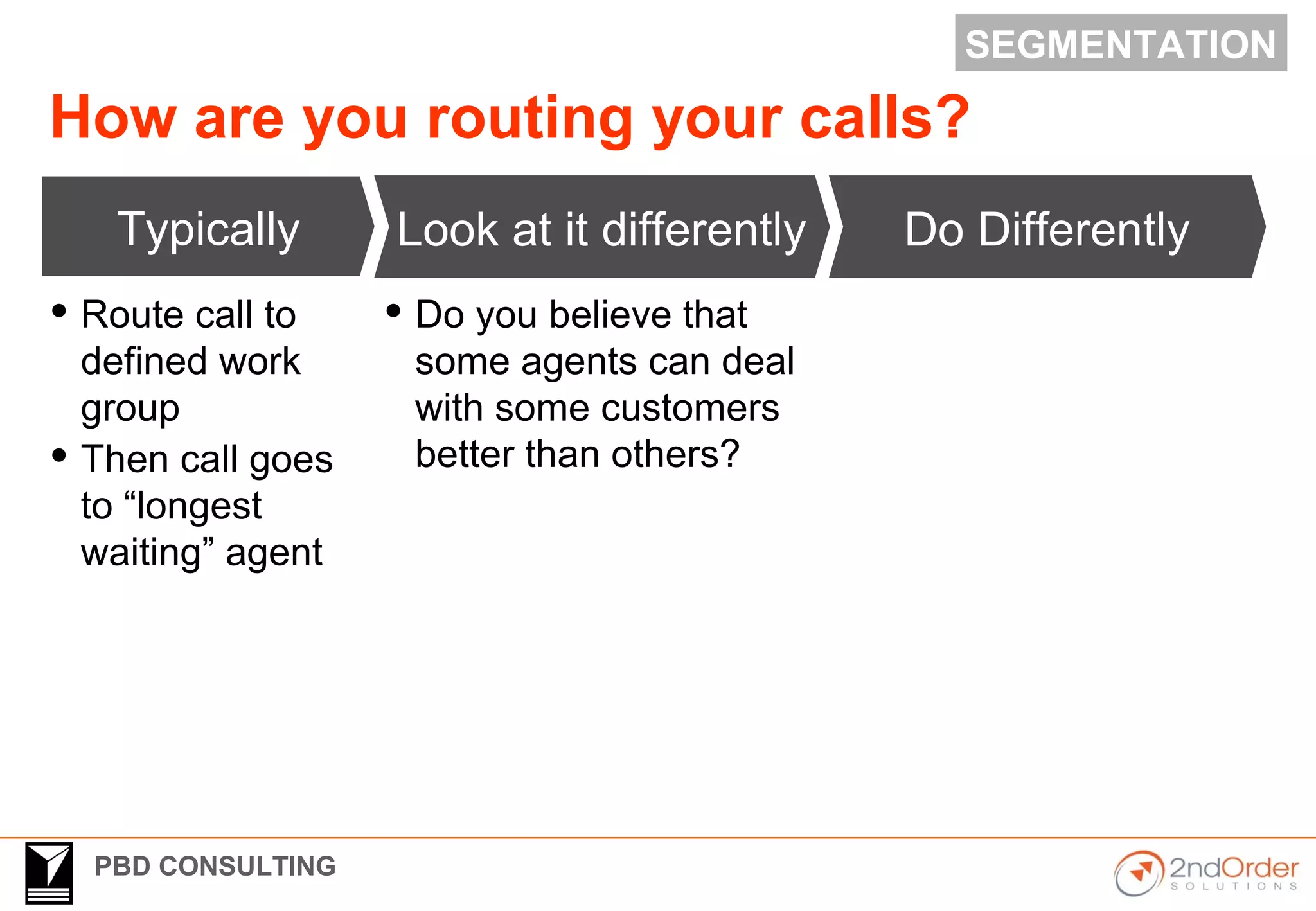 PBD CONSULTING
How are you routing your calls?
Typically
 Route call to
defined work
group
 Then call goes
to “longest
waiting” agent
Do DifferentlyLook at it differently
 Do you believe that
some agents can deal
with some customers
better than others?
SEGMENTATION
 