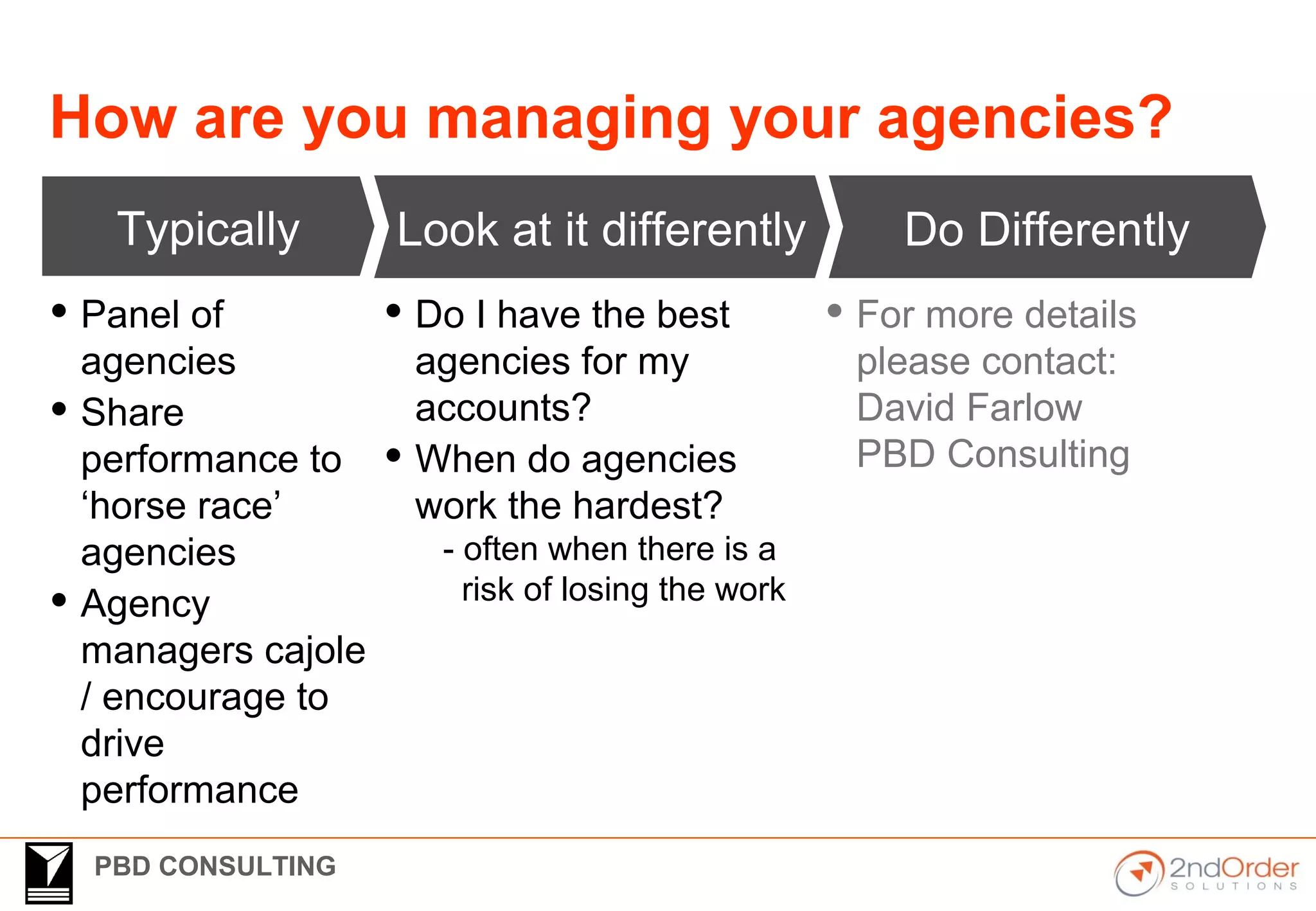 PBD CONSULTING
How are you managing your agencies?
Typically
 Panel of
agencies
 Share
performance to
‘horse race’
agencies
 Agency
managers cajole
/ encourage to
drive
performance
Do DifferentlyLook at it differently
 Do I have the best
agencies for my
accounts?
 When do agencies
work the hardest?
- often when there is a
risk of losing the work
 For more details
please contact:
David Farlow
PBD Consulting
 