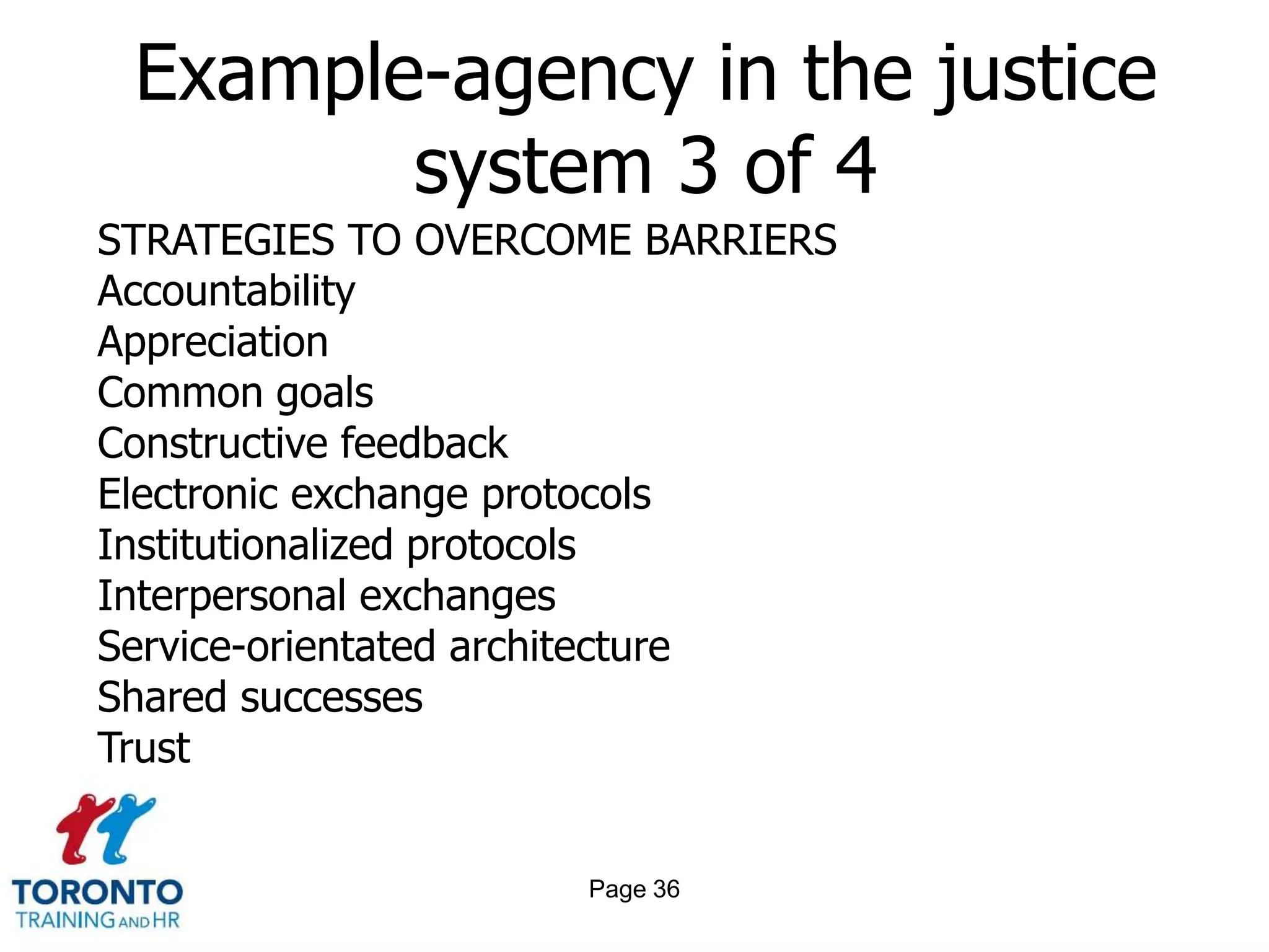 Page 34Example-agency in the justice system 1 of 4BARRIERS TO COMMUNICATION & CO-OPERATIONBlamingCompeting prioritiesConfidentialityCostsPerformance measuresPoliticsPoor feedback