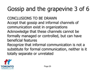 Page 27Gossip and the grapevine 1 of 6 BENEFITS FOR INDIVIDUALSExpressing and communicating emotionGaining support and reassurance from othersReducing uncertainty and anxietyProblem solving and sense makingInclusion and acceptance by others 