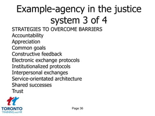 Page 34Example-agency in the justice system 1 of 4BARRIERS TO COMMUNICATION & CO-OPERATIONBlamingCompeting prioritiesConfidentialityCostsPerformance measuresPoliticsPoor feedback